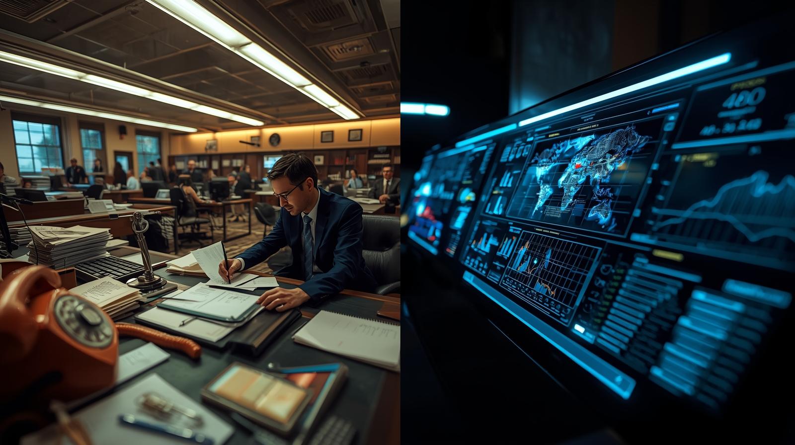 A split-screen photo showing a bustling city hall desk on one side and a sleek digital dashboard on the other.